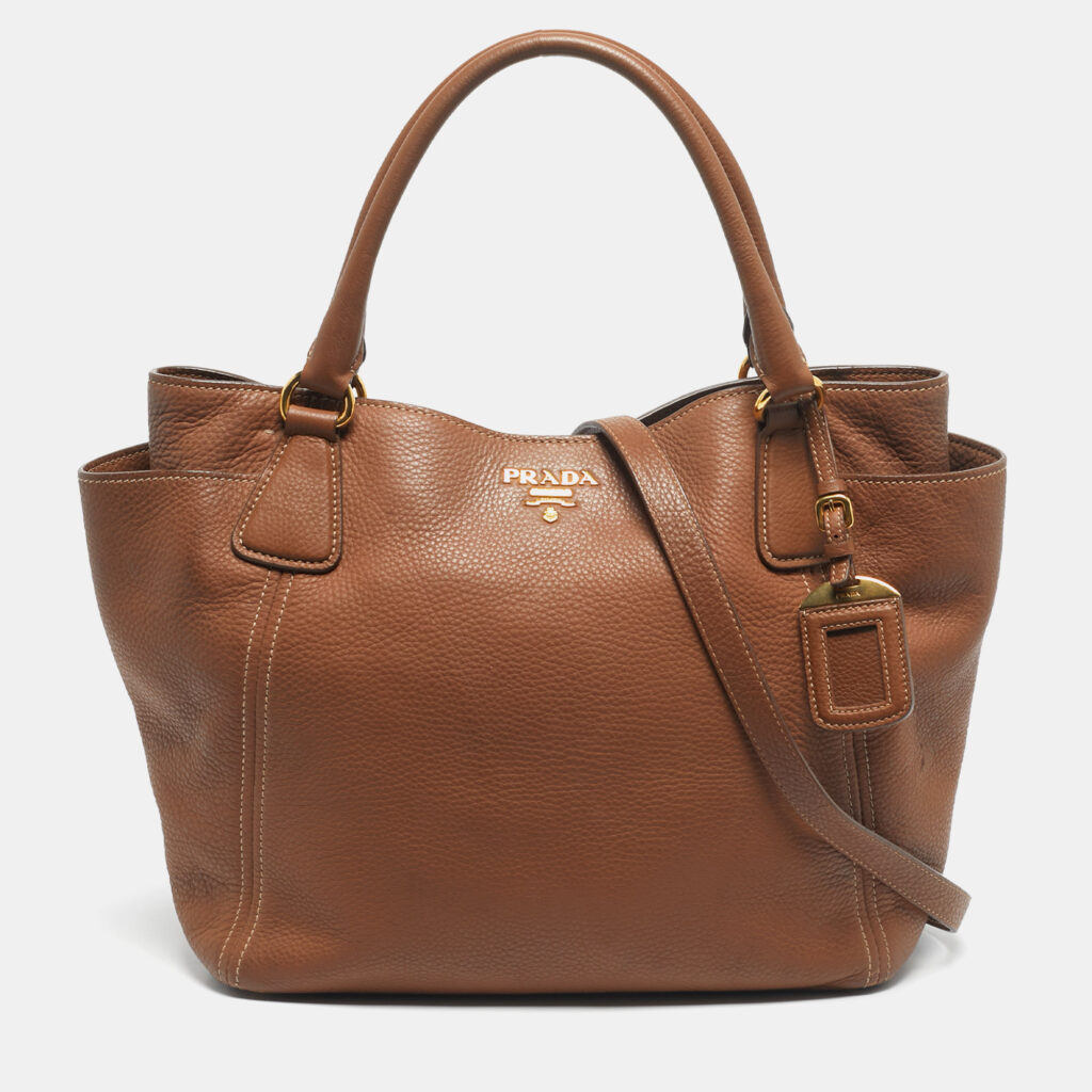 Prada Brown Vitello Daino Leather Side Pocket Tote Prada Brown Vitello Daino Leather Side Pocket Tote