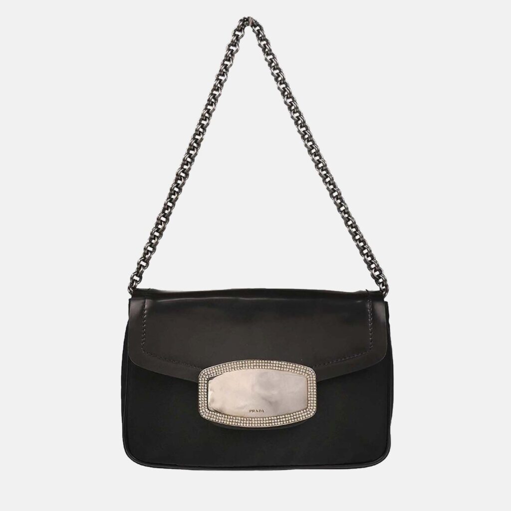 Prada Black Nylon Leather Rhinestone Handbag