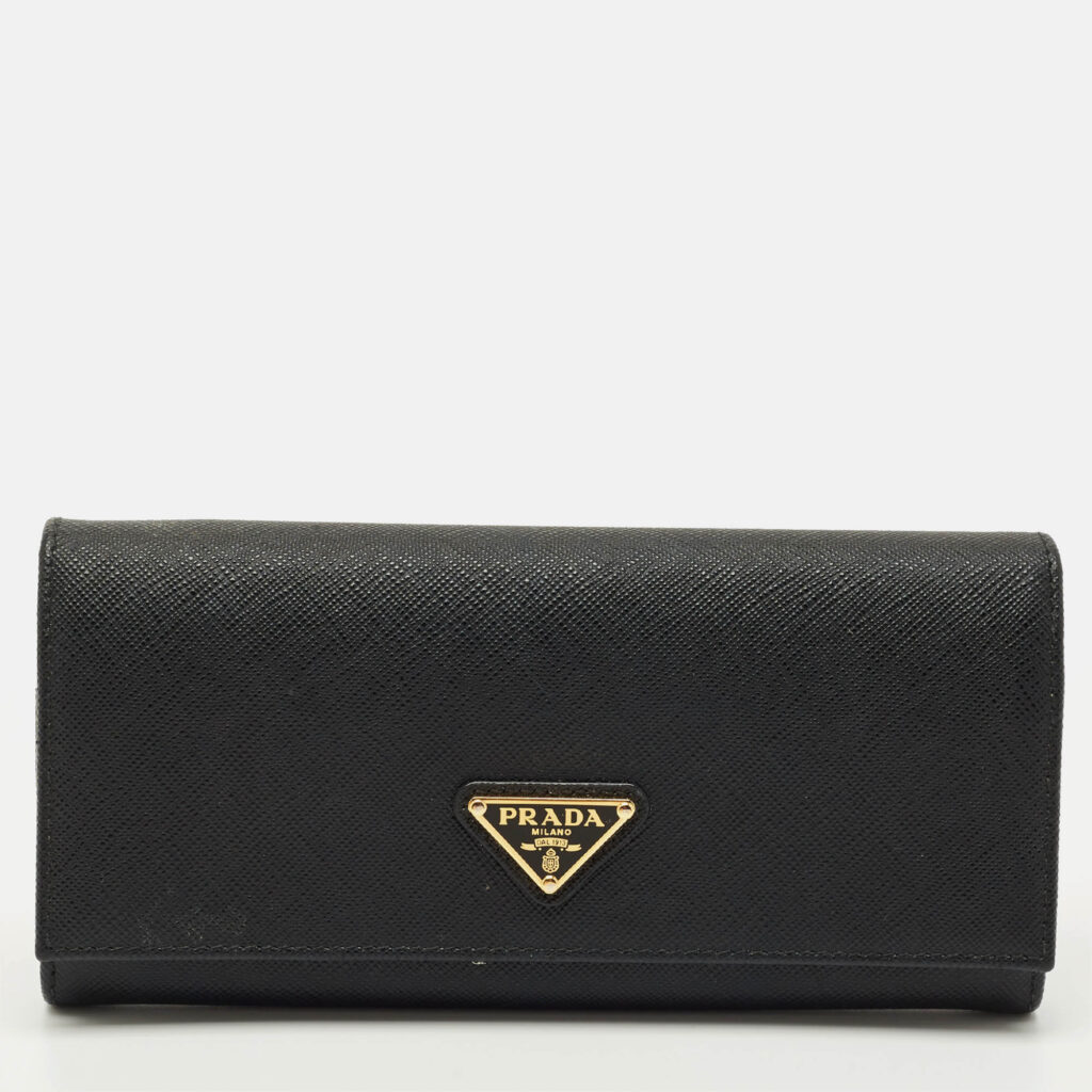 Prada Black Saffiano Metal Leather Triangle Logo Flap Continental Wallet Prada Black Saffiano Metal Leather Triangle Logo Flap Continental Wallet
