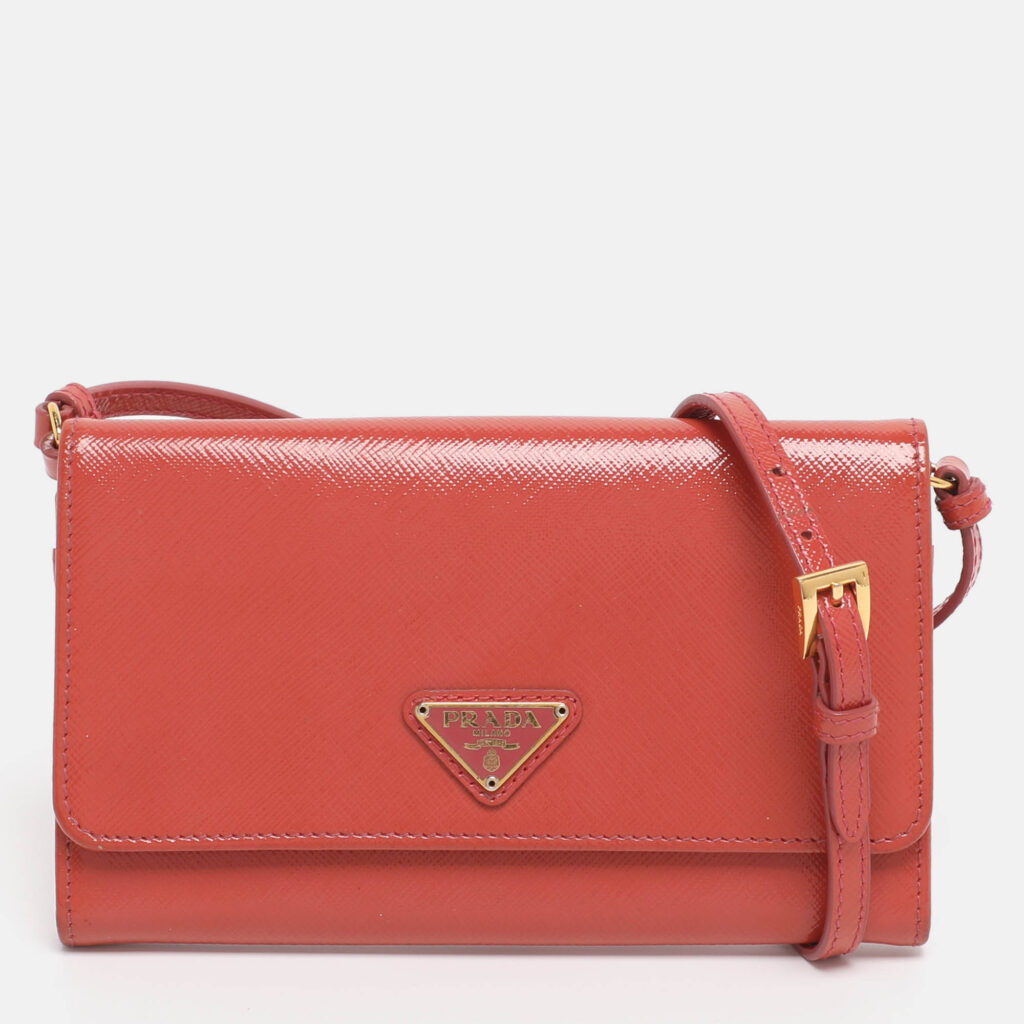 Prada Brick Red Patent Leather Logo Flap Wallet on Strap Prada Brick Red Patent Leather Logo Flap Wallet on Strap