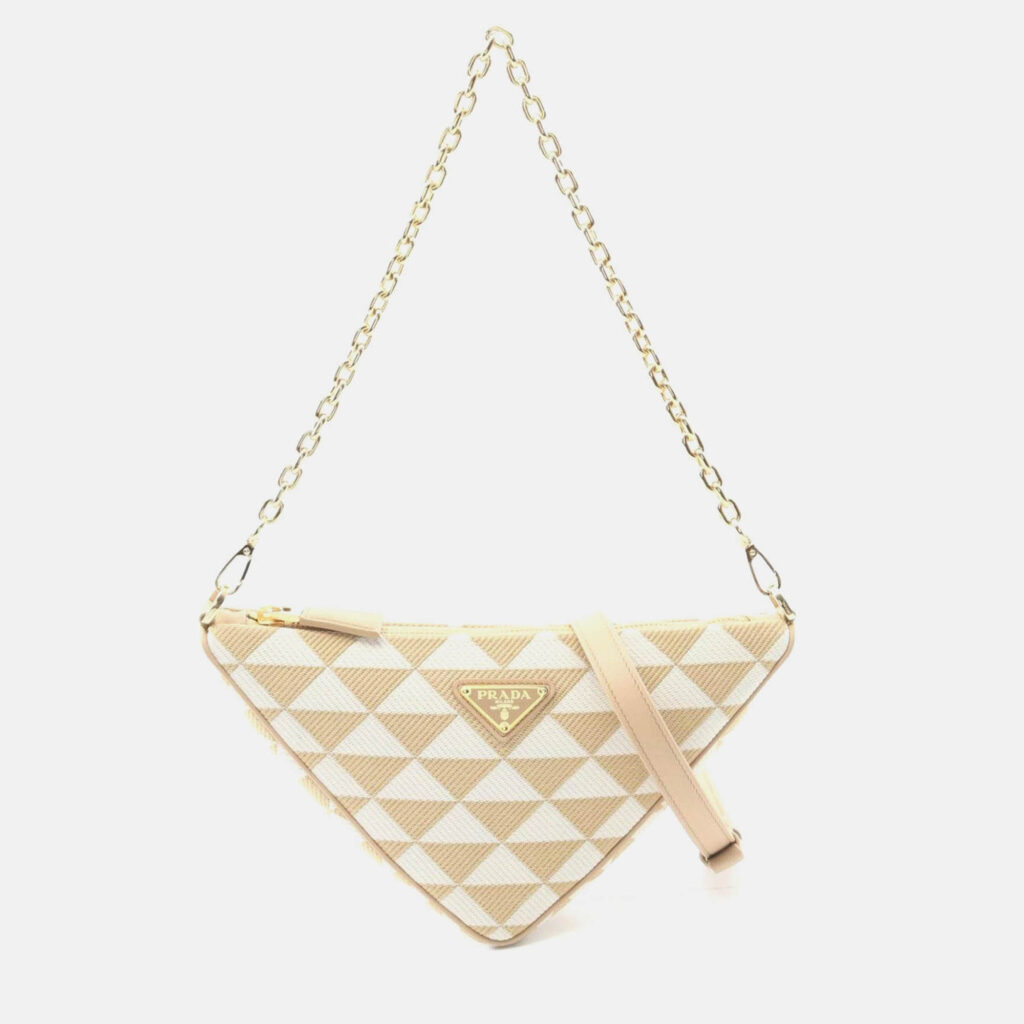 Prada Triangle Triangolo Jacqu Shoulder Bag Canvas Beige White Prada Triangle Triangolo Jacqu Shoulder Bag Canvas Beige White