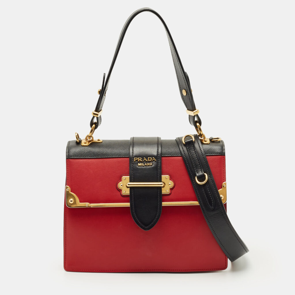 luxury-women-prada-used-handbags-p1210891-016.jpg Prada Red/Black Leather Cahier Flap Shoulder Bag