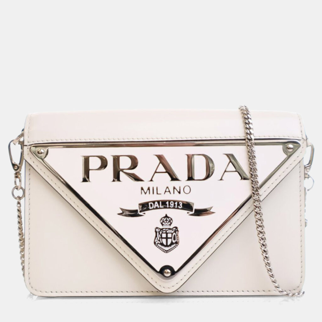 Prada White Spazzolato Triangle Logo Plate Flap Chain Crossbody