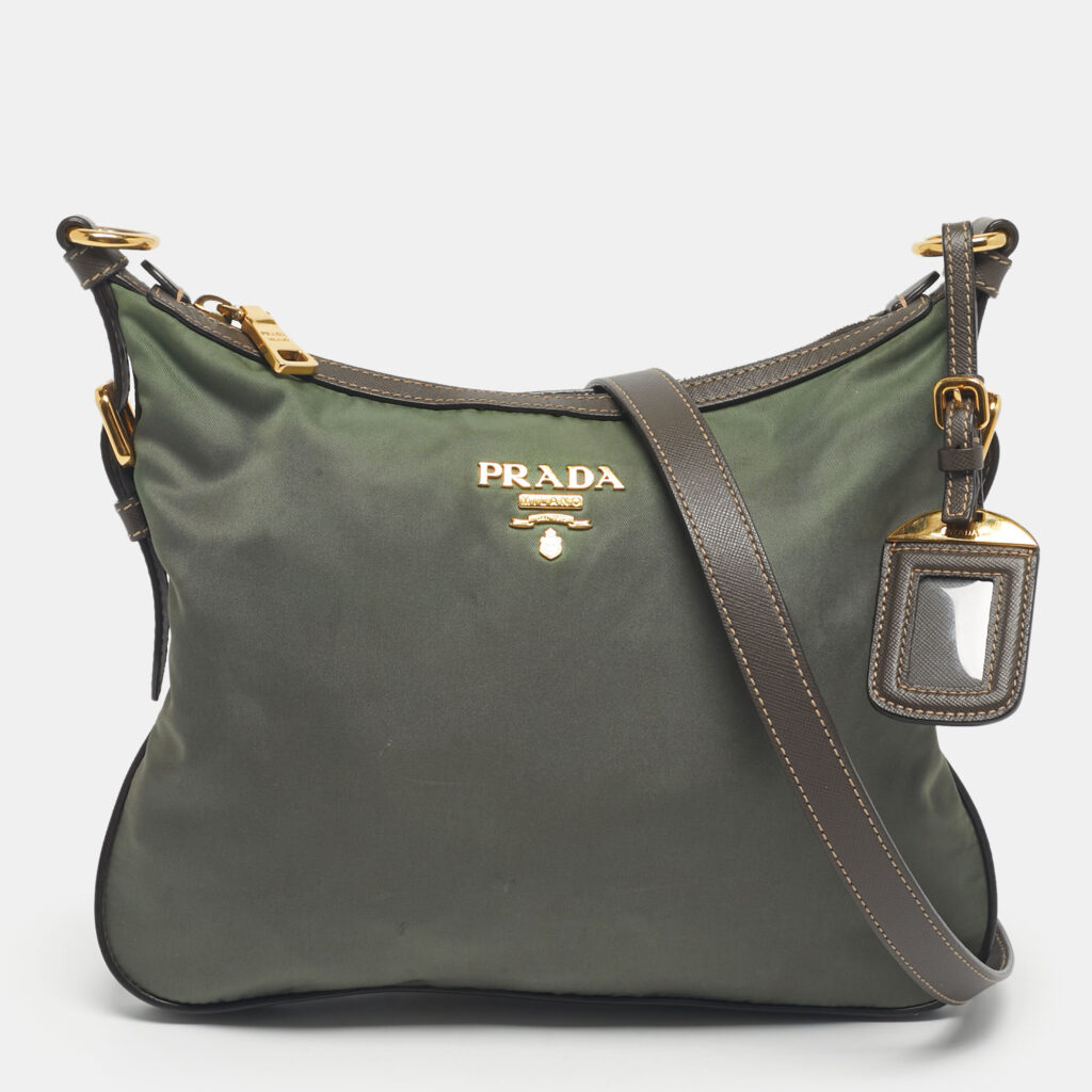Prada Green/Brown Leather and Nylon Logo Crossbody Bag Prada Green/Brown Leather and Nylon Logo Crossbody Bag