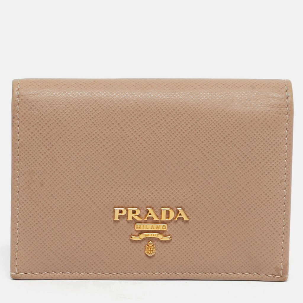 Prada Beige Saffiano Metal Leather Bifold Card Case Prada Beige Saffiano Metal Leather Bifold Card Case