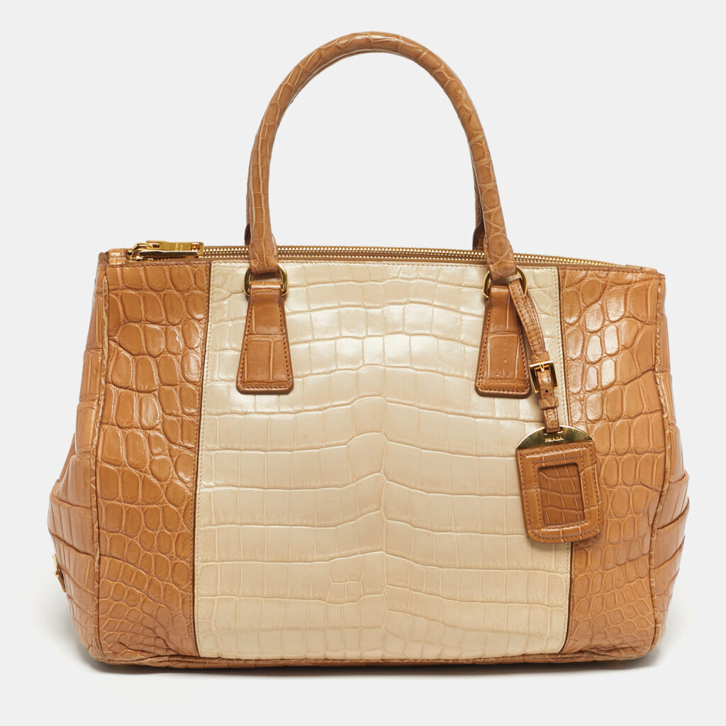 Prada Brown/Light Beige Crocodile Medium Double Zip Tote Prada Brown/Light Beige Crocodile Medium Double Zip Tote
