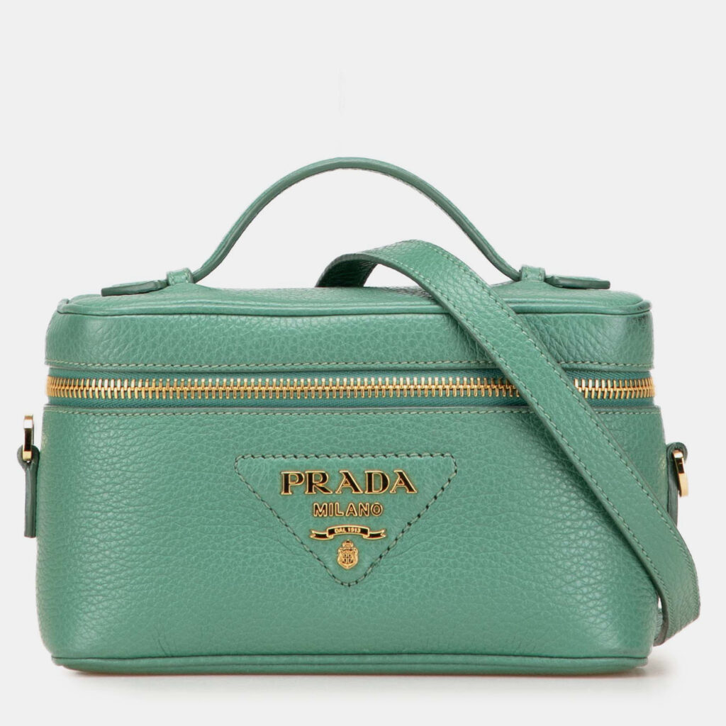 luxury-women-prada-used-handbags-p1220267-003-1.jpg Prada Green Mini Vitello Daino Vanity Top Handle Bag