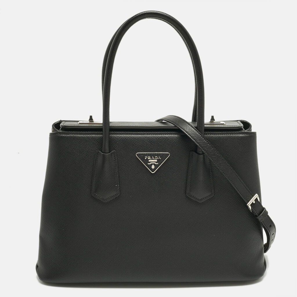 luxury-women-prada-used-handbags-p1222164-002.jpg Prada Black Saffiano Cuir Leather Twin Lock Tote