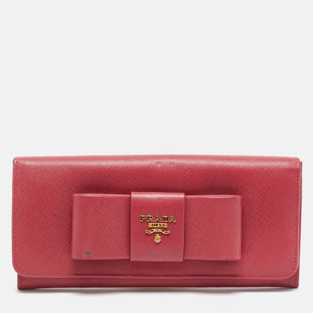 Prada Pink Saffiano Metal Leather Bow Flap Continental Wallet Prada Pink Saffiano Metal Leather Bow Flap Continental Wallet