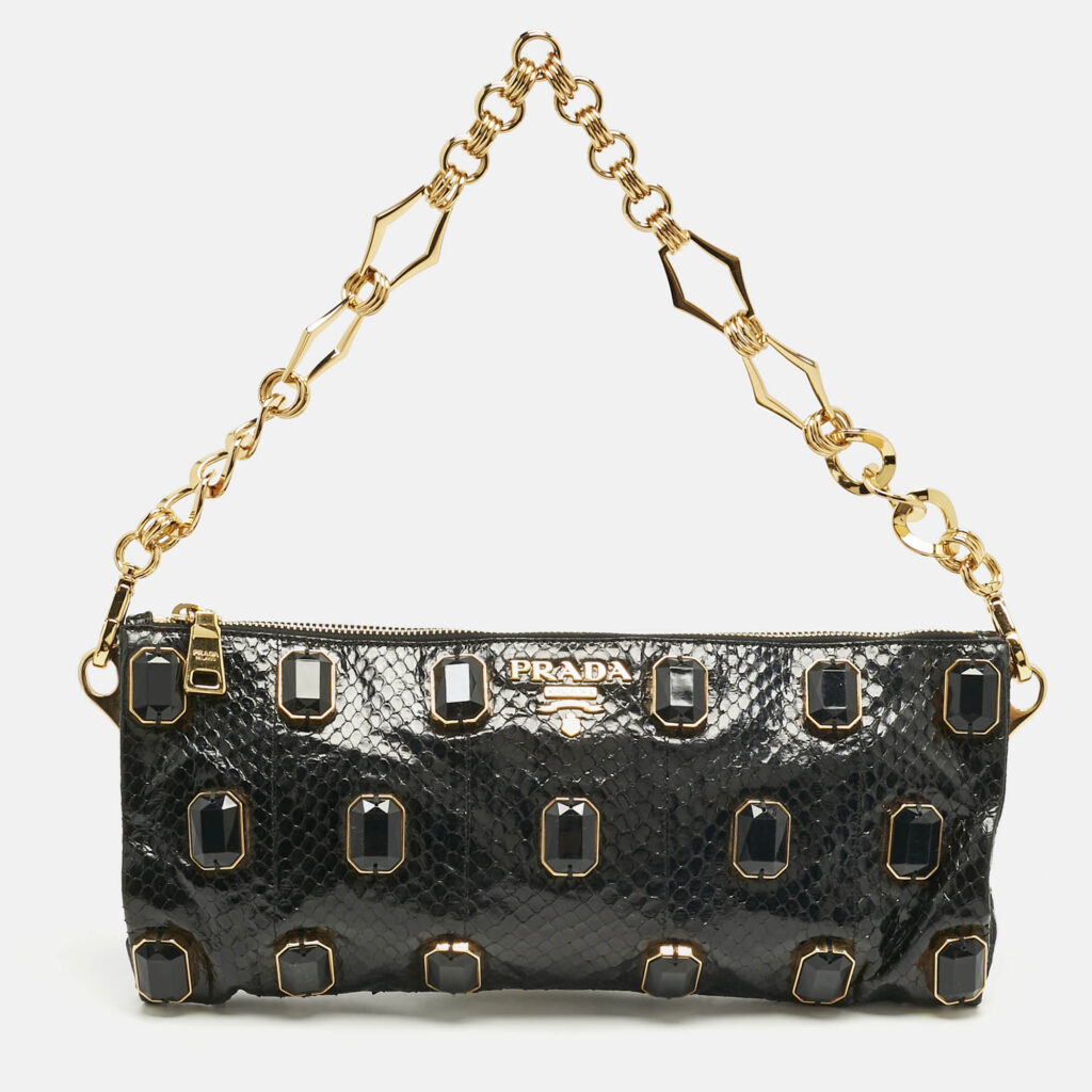 Prada Black Snakeskin Pietre Crystals Embellished Chain Clutch Prada Black Snakeskin Pietre Crystals Embellished Chain Clutch