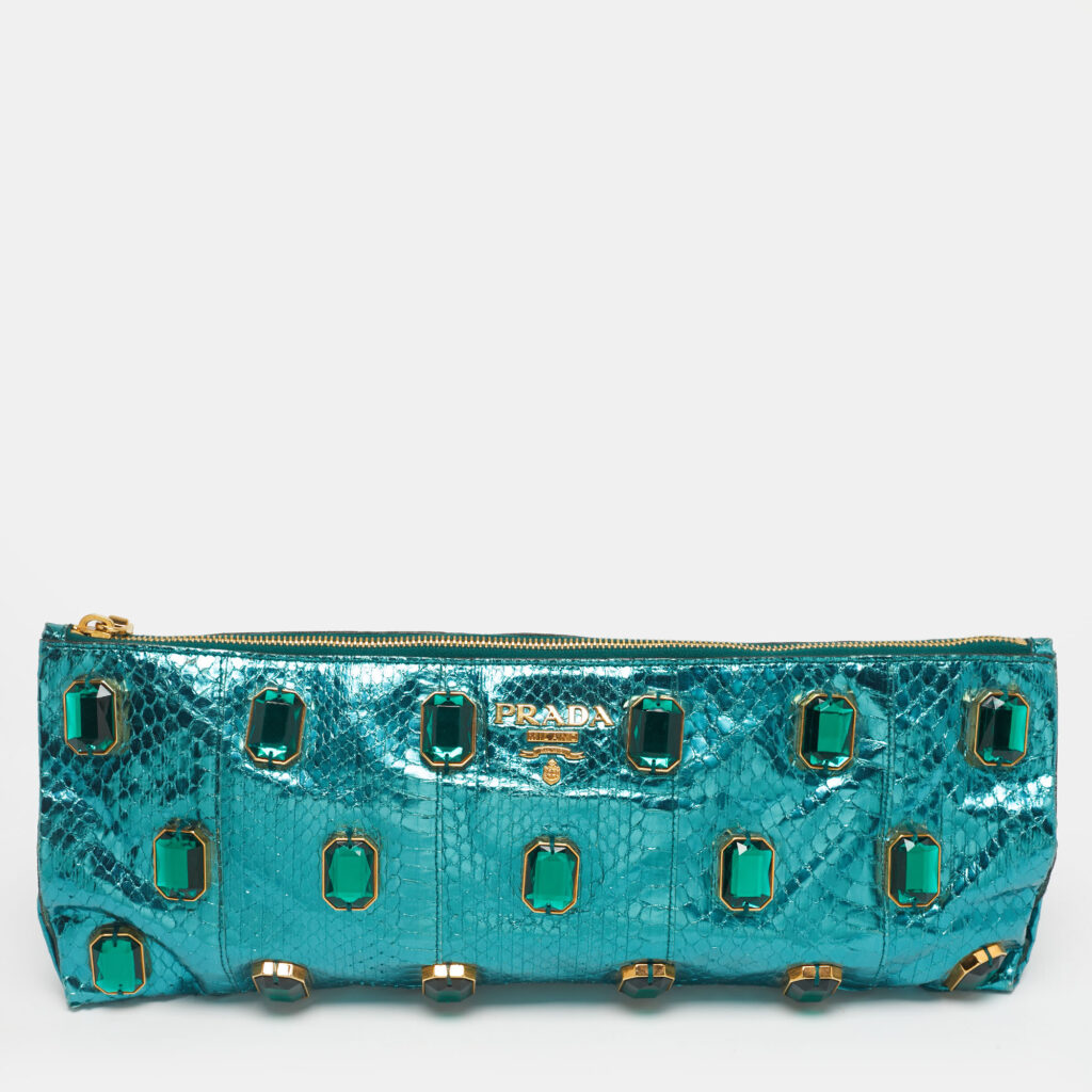 Prada Metallic Teal Snakeskin Whips Pietre Clutch Prada Metallic Teal Snakeskin Whips Pietre Clutch
