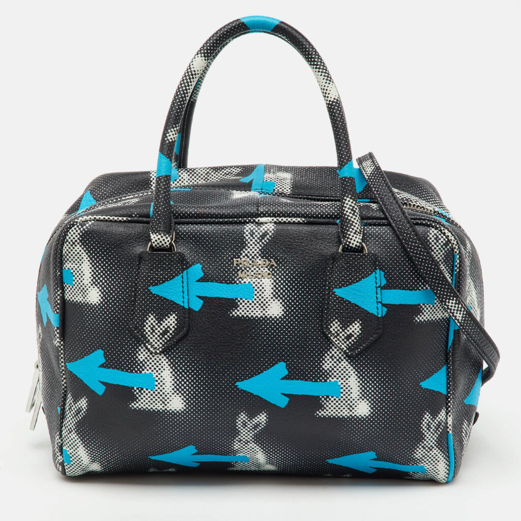 Prada Black Vitello Daino Leather Rabbit Print Inside Satchel
