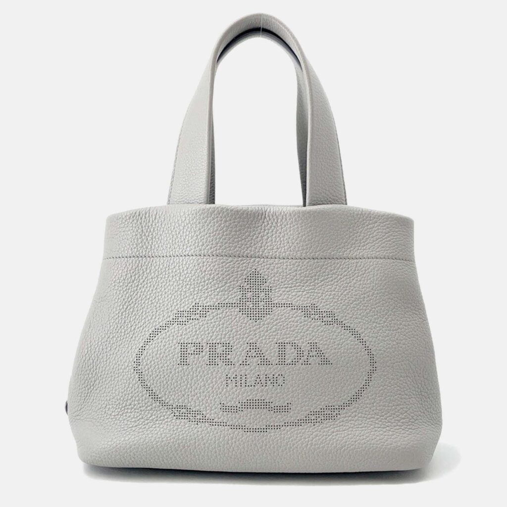 Prada Punching Logo Tote Bag Gray Leather Size Small