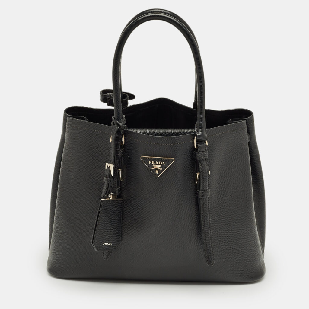 Prada Black Saffiano Cuir Leather Medium Double Handle Tote