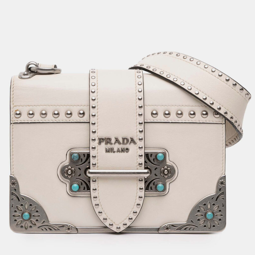 Prada Cahier Studded Folk City Calfskin Leather Crossbody Bag Prada Cahier Studded Folk City Calfskin Leather Crossbody Bag