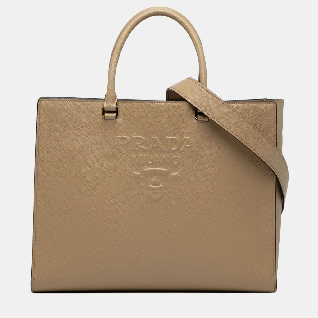 Prada Brown Large Saffiano Lux Embossed Logo Convertible Tote