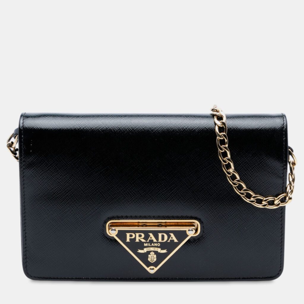 Prada Black Saffiano Vernice Flip Lock Wallet on Chain Clutch
