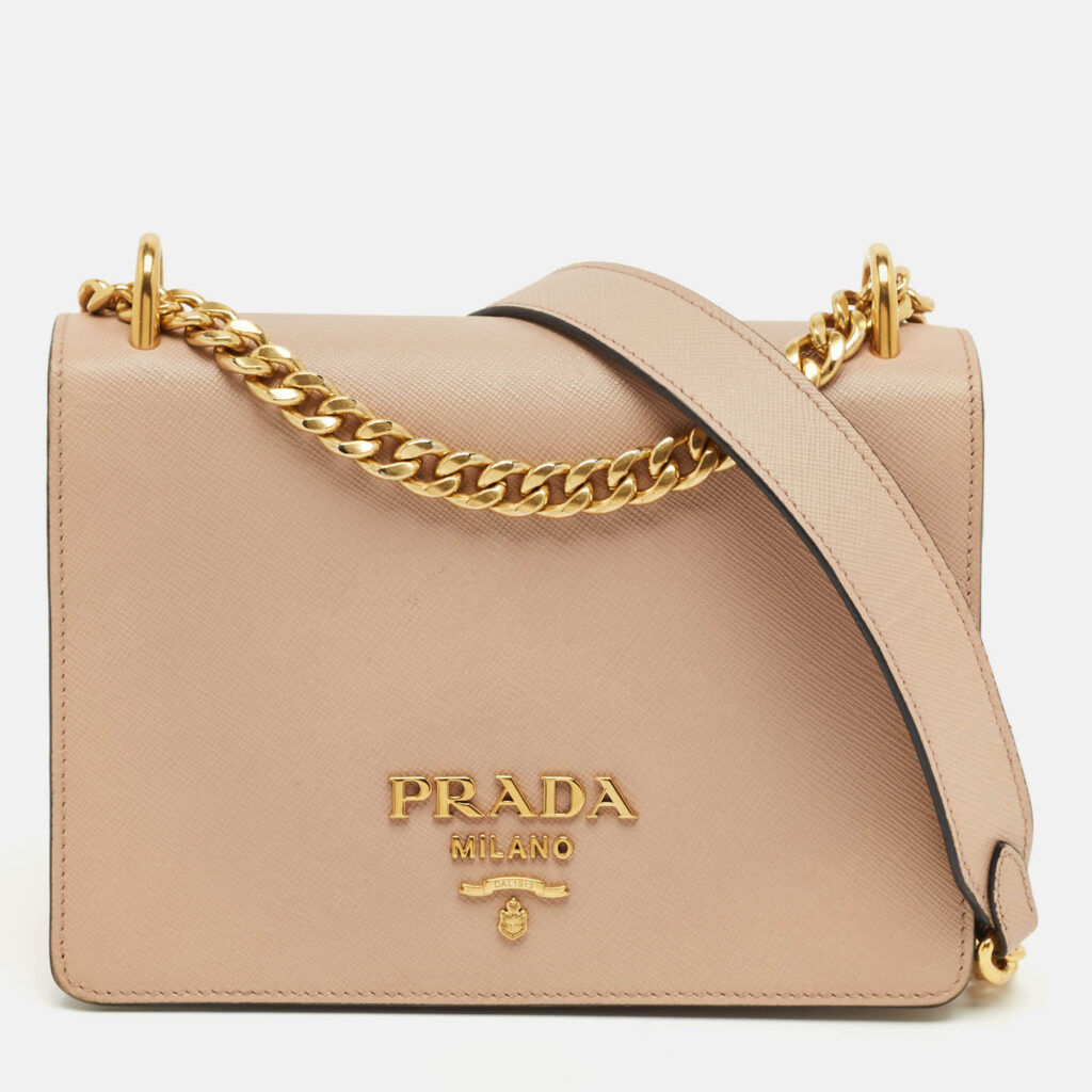Prada Beige Saffiano Lux Leather Logo Flap Chain Bag Prada Beige Saffiano Lux Leather Logo Flap Chain Bag