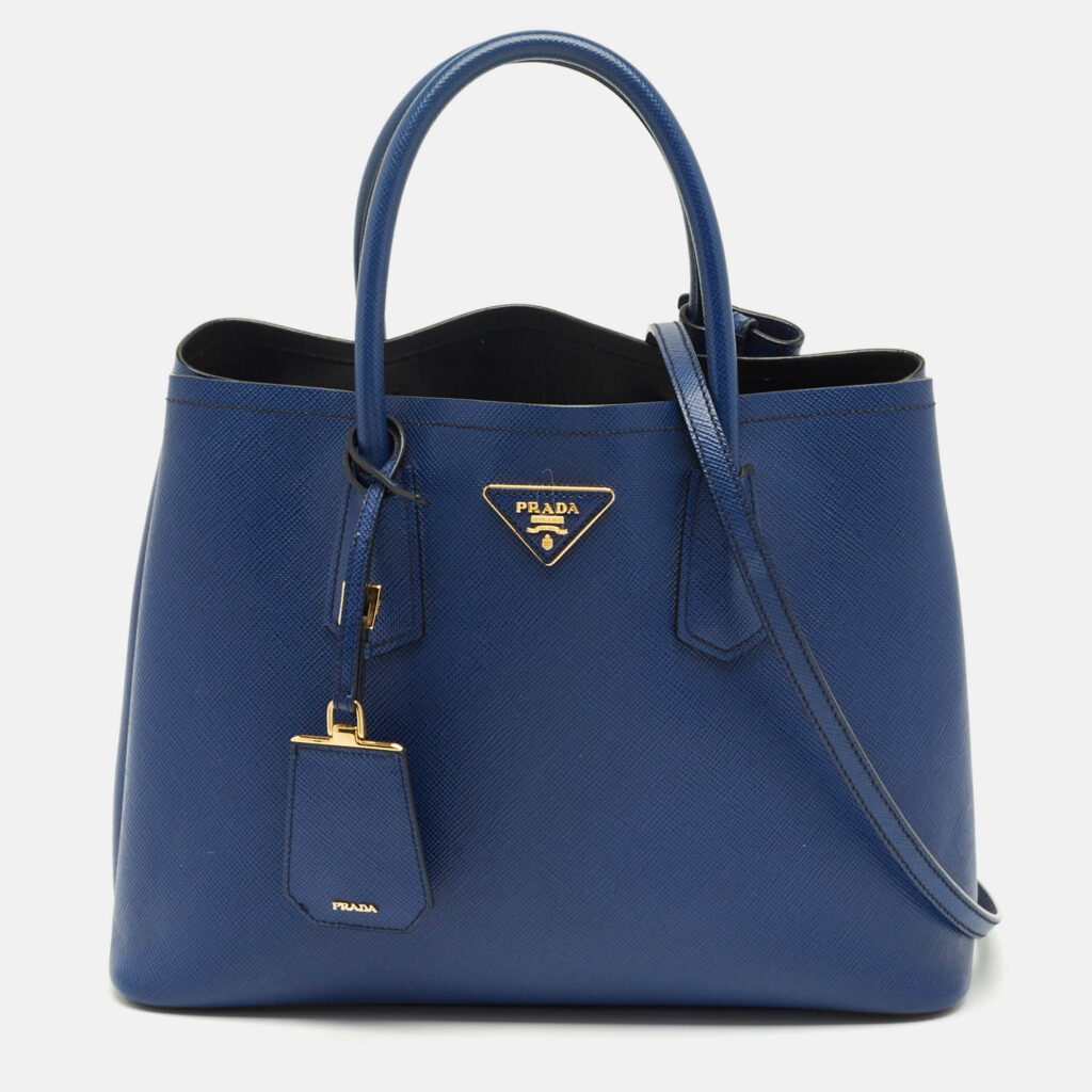 Prada Navy Blue Saffiano Cuir Leather Medium Double Handle Tote