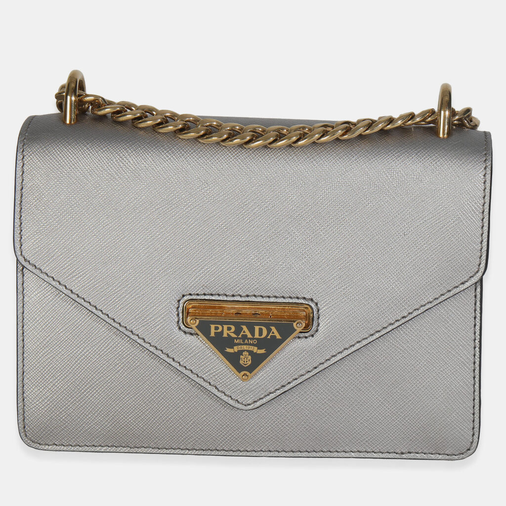 Prada Silver Saffiano Soft Calfskin Metal Triangle Logo Envelope Chain Bag