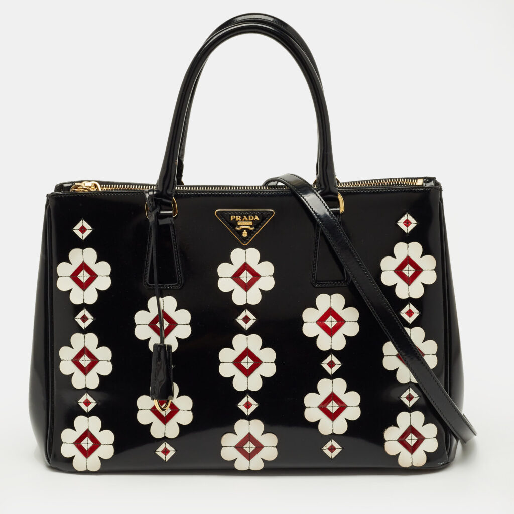 Prada Black Spazzolato Leather Medium Floral Double Zip Tote Prada Black Spazzolato Leather Medium Floral Double Zip Tote
