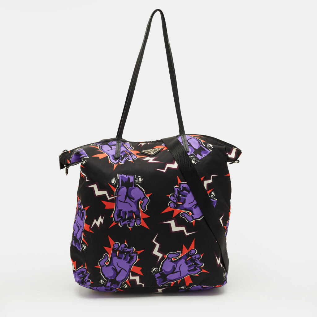 Prada Multicolor Nylon and Leather Frankenstein Hand Print Tote Prada Multicolor Nylon and Leather Frankenstein Hand Print Tote