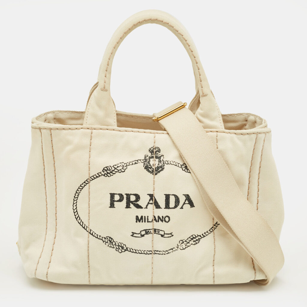 Prada Off White Canvas Logo Small Canapa Tote Prada Off White Canvas Logo Small Canapa Tote