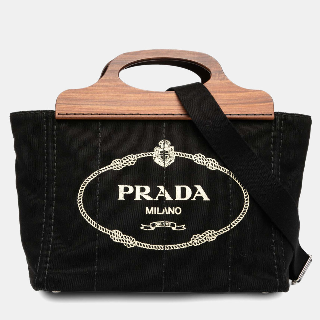 Prada Black Canvas Wood Handle Canapa Logo Satchel Prada Black Canvas Wood Handle Canapa Logo Satchel
