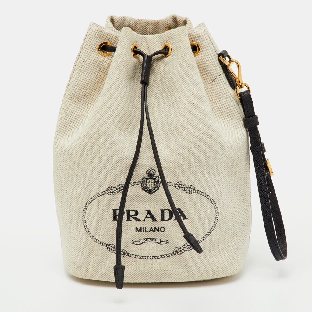 Prada Off White/Black Canvas and Leather Logo Drawstring Wristlet Pouch