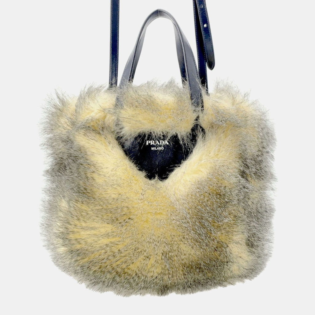 Prada Triangle Logo 2Way Handbag Beige/Black Fake Fur
