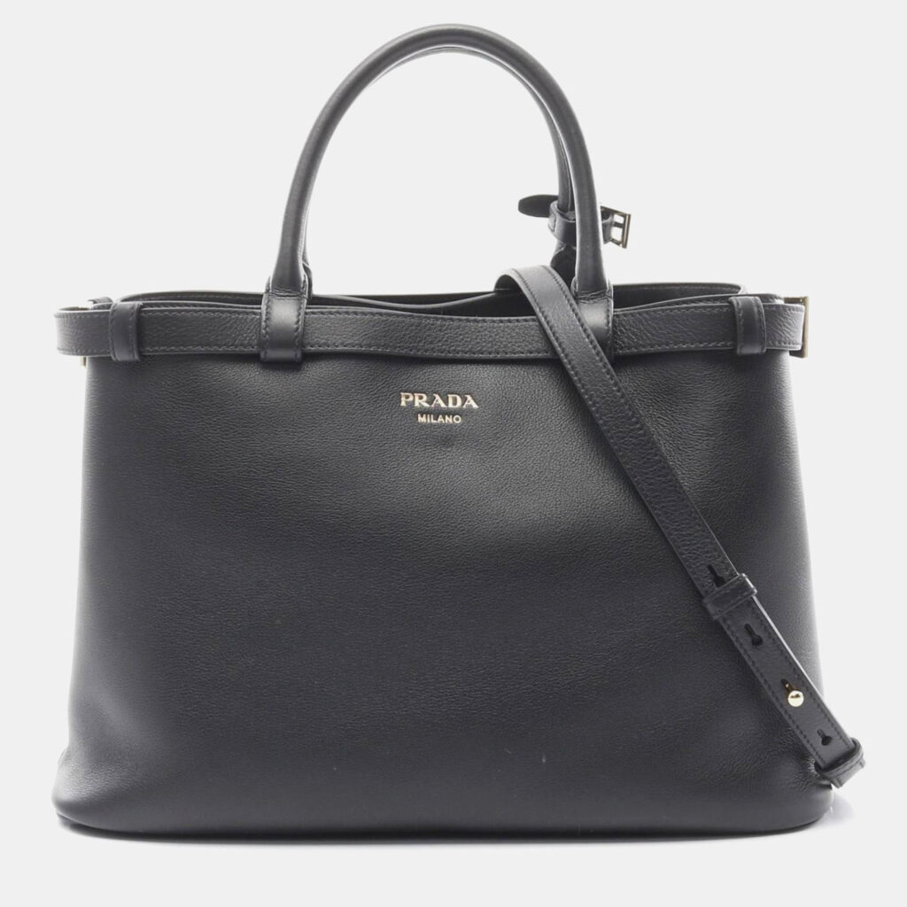 Prada Buckle Double Belt Medium Handbag Leather Black Prada Buckle Double Belt Medium Handbag Leather Black