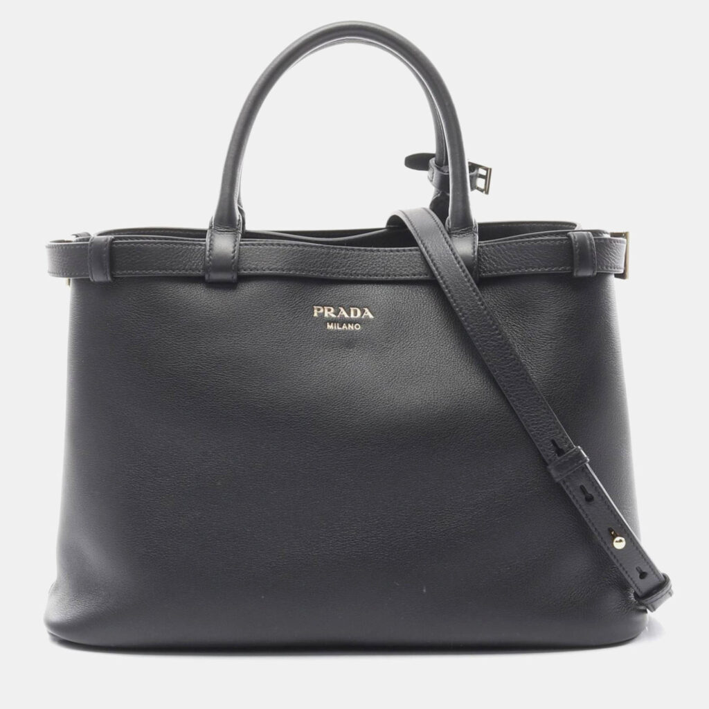 Prada Medium Double Buckle Belt Handbag Leather Black