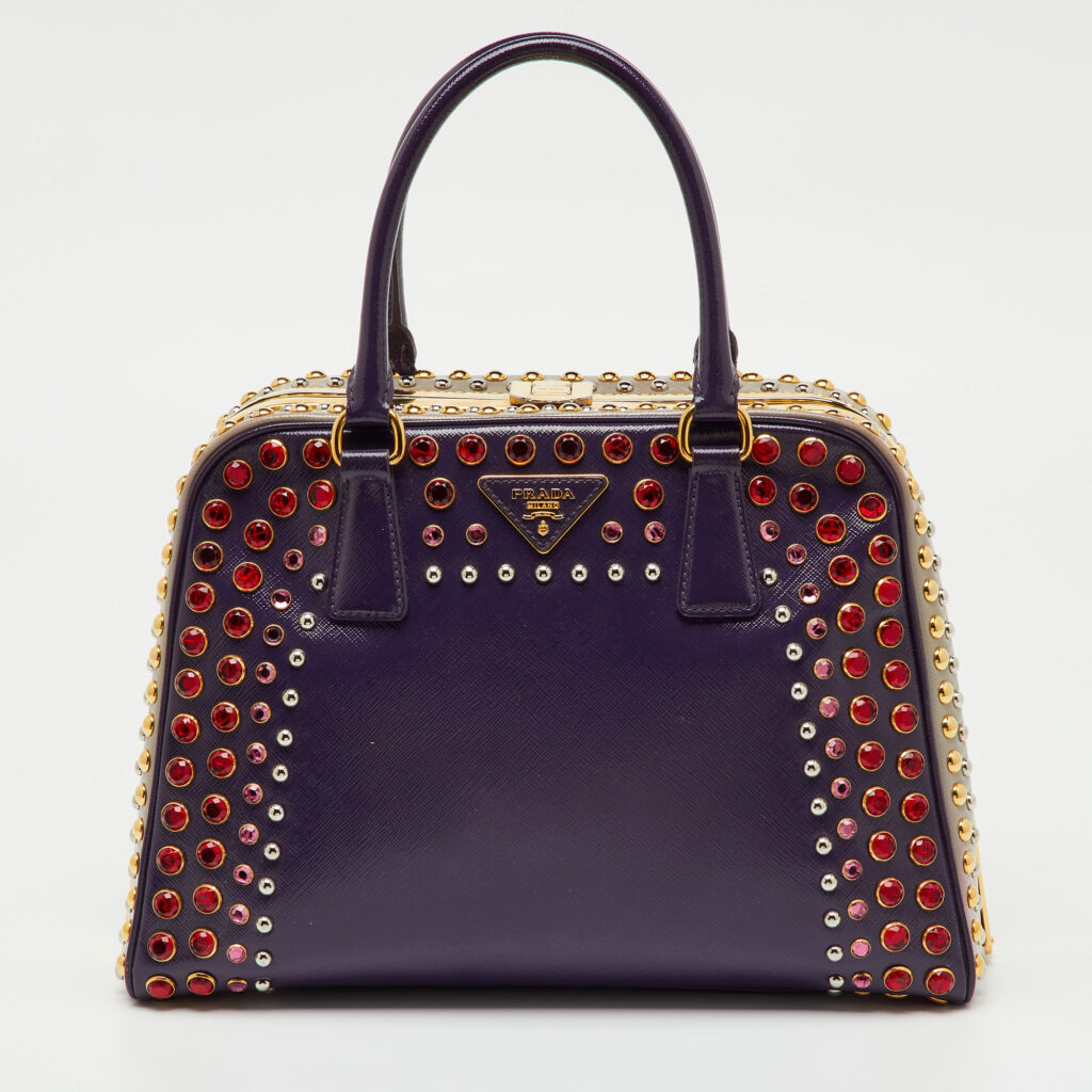 Prada Multicolor Saffiano Patent Leather Crystal Embellished Pyramid Frame Satchel Prada Multicolor Saffiano Patent Leather Crystal Embellished Pyramid Frame Satchel