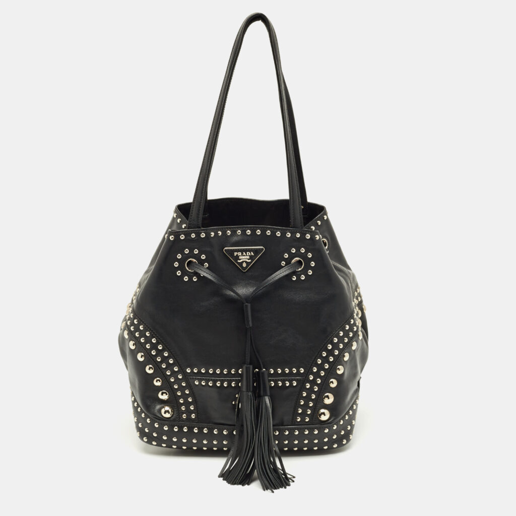 luxury-women-prada-used-handbags-p1242023-007-1.jpg Prada Black Leather Studded Drawstring Bucket Bag