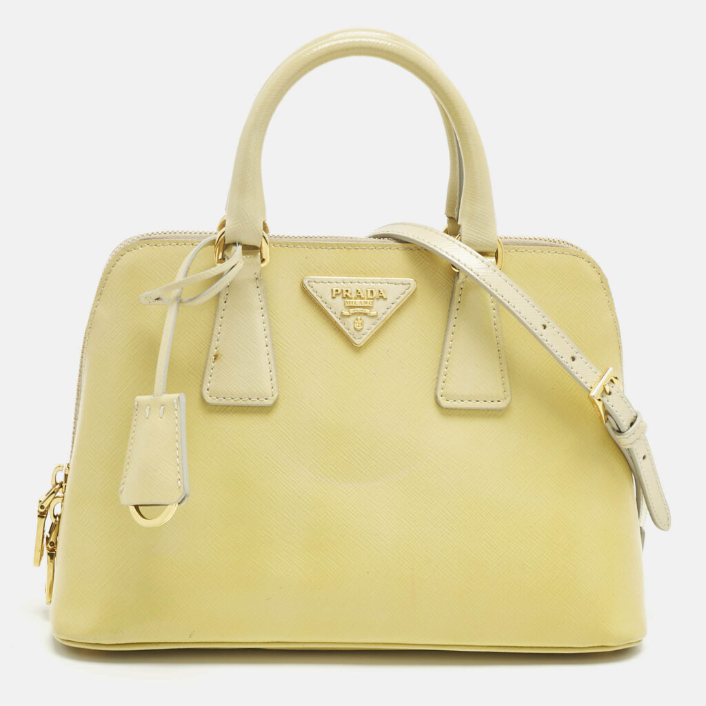Prada Light Yellow Saffiano Patent Lux Leather Small Promenade Satchel Prada Light Yellow Saffiano Patent Lux Leather Small Promenade Satchel
