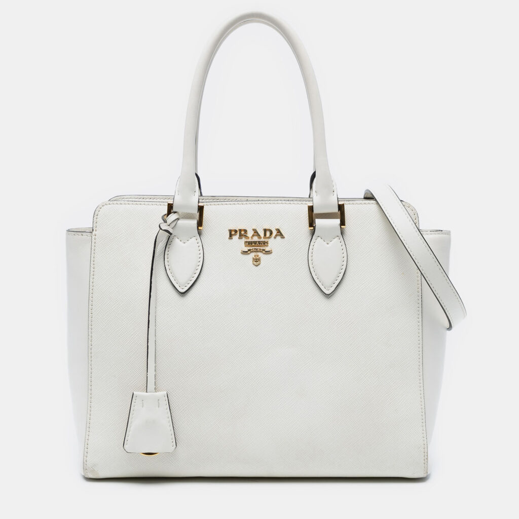 luxury-women-prada-used-handbags-p1242333-005-1.jpg Prada White Soft Calf Trimmed Saffiano Lux Open Convertible Tote