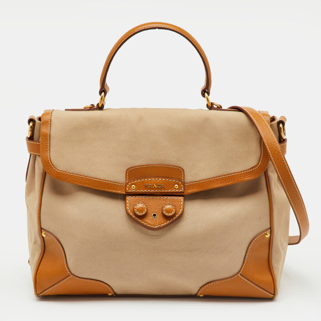 luxury-women-prada-used-handbags-p1244500-018-1.jpg Prada Beige/Tan Canvas and Cinghiale Leather Top Handle Bag