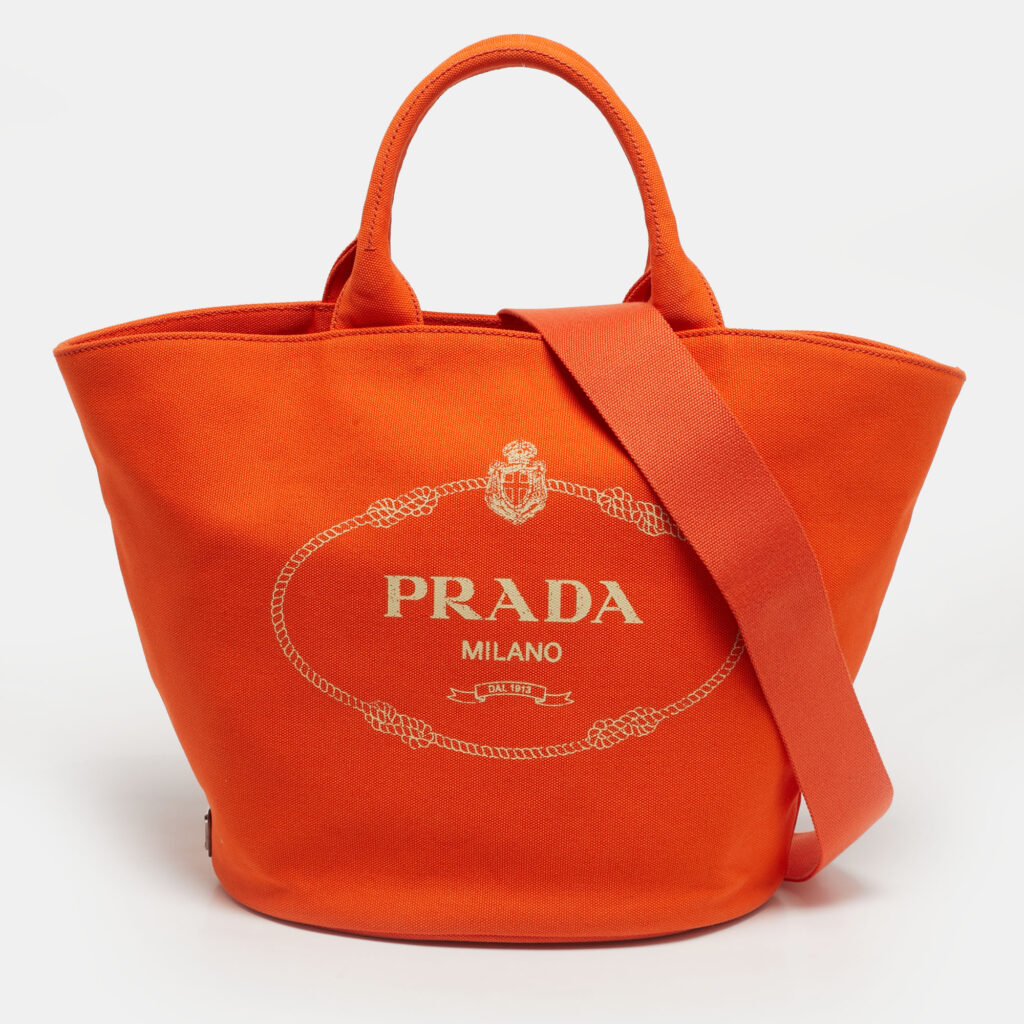 luxury-women-prada-used-handbags-p1244960-001.jpg Prada Orange Canvas Logo Print Tote