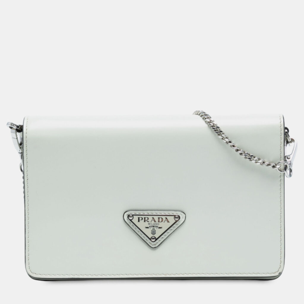 Prada White Mini Brushed Leather Chain Crossbody Prada White Mini Brushed Leather Chain Crossbody