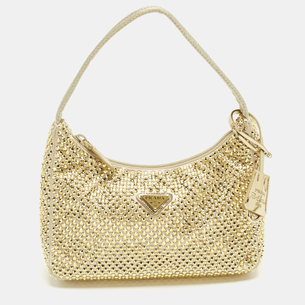 Prada Re-Edition 2000 Crystals Gold Satin Shoulder Bag Prada Re-Edition 2000 Crystals Gold Satin Shoulder Bag