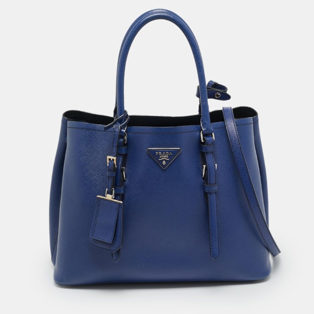 Prada Double Handle Medium Blue Saffiano Cuir Leather Tote Prada Double Handle Medium Blue Saffiano Cuir Leather Tote