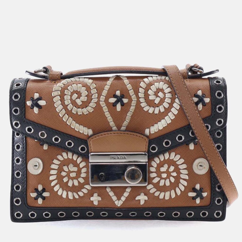 Prada Black/Brown Saffiano Embroidered Pattina Crossbody Bag