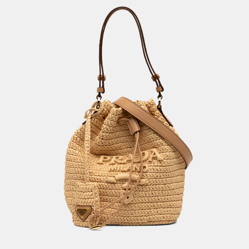Prada Brown Mini Raffia Crochet Logo Embroidered Bucket Bag Prada Brown Mini Raffia Crochet Logo Embroidered Bucket Bag