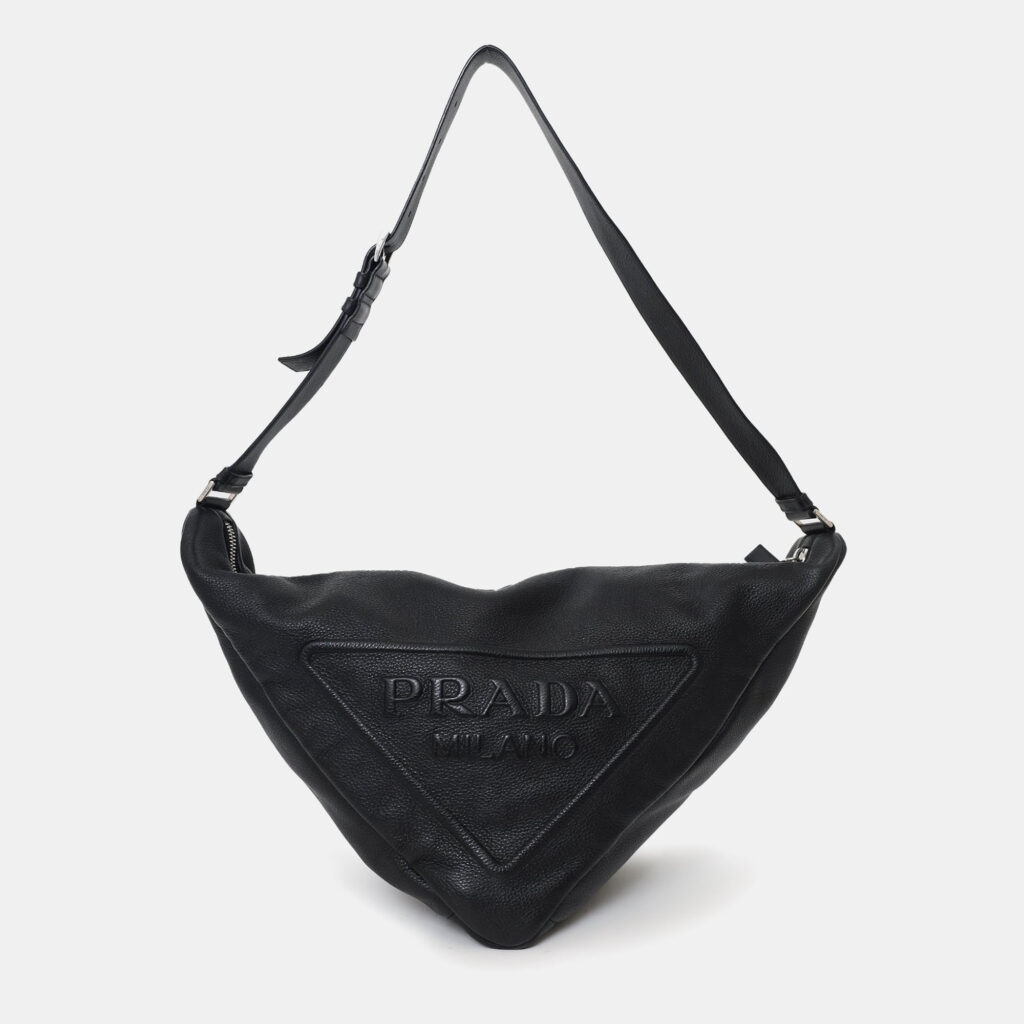 luxury-women-prada-used-handbags-p1247809-005-1.jpg Prada Black Grained Leather Triangle Large Sling Crossbody