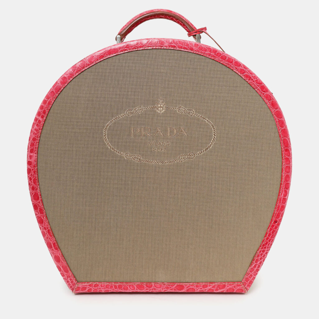 luxury-women-prada-used-handbags-p1247866-001.jpg Prada Beige Canvas Pink Crocodile Trim Hat Box