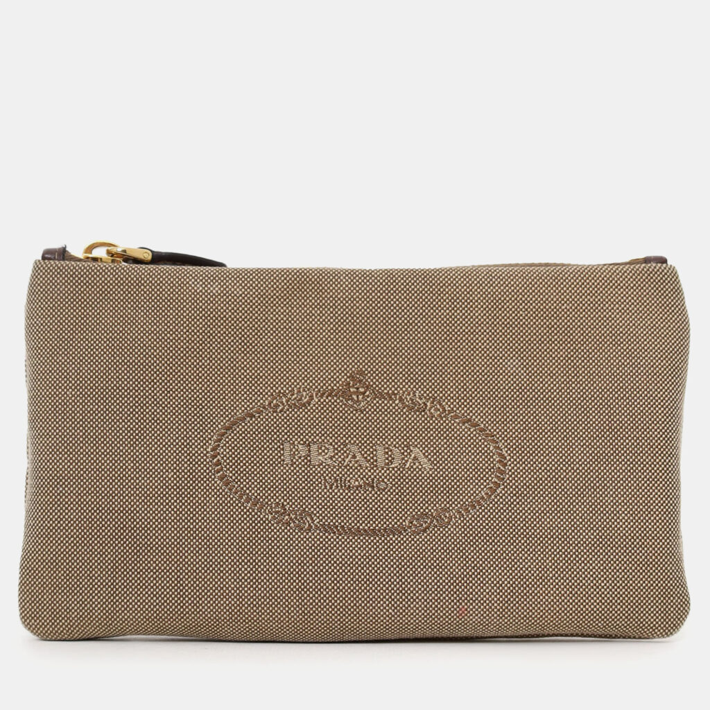 Prada Beige Logo Jacquard Canapa Clutch