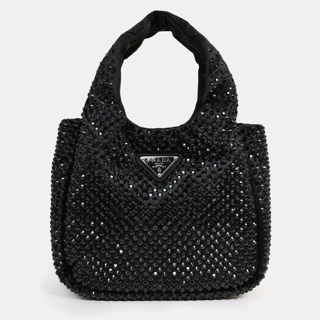 Prada 2024 Holiday Black Satin Crystal Top Handle Mini Tote Bag Prada 2024 Holiday Black Satin Crystal Top Handle Mini Tote Bag