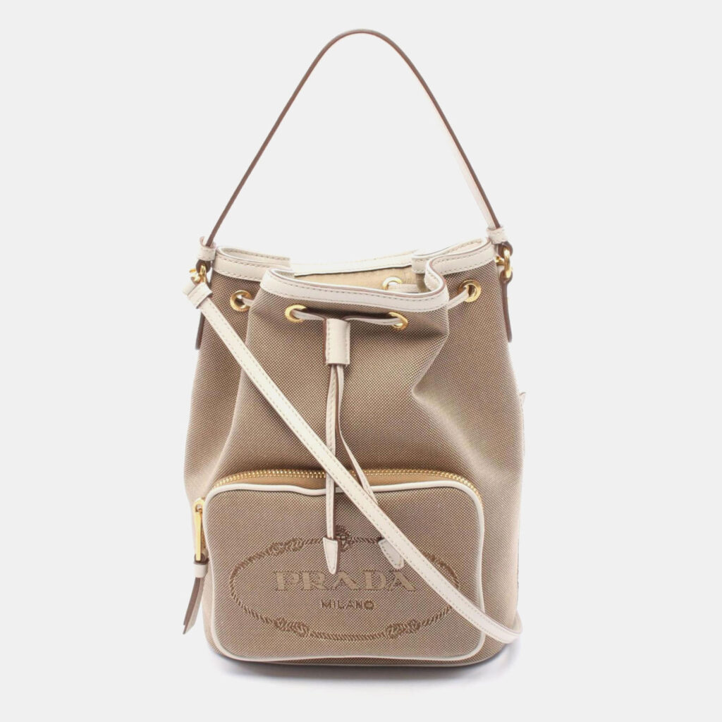 Prada Logo Jacquard Handbag Canvas And Leather Beige/White