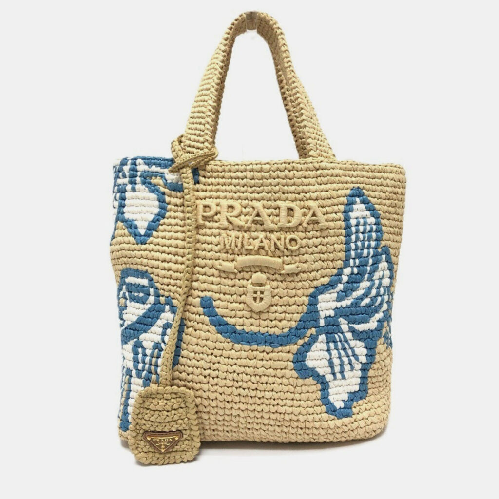 Prada Logo St. Barths Limited Edition Small Handbag Raffia Beige