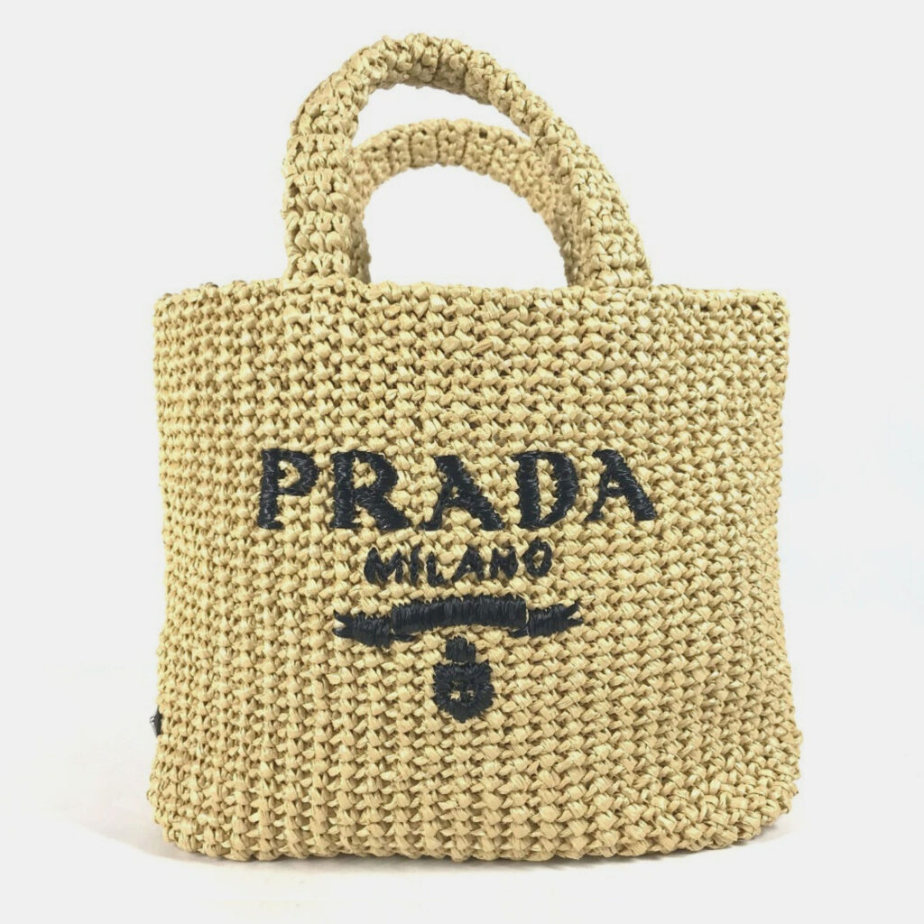 Prada Basket Bag Straw Crochet Triangle Logo Small Lettering Tote Handbag Raffia Natural Beige